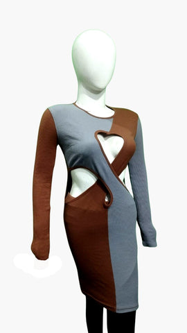 ColourBlock Overlapping Front Heart/Side Cut Out Knit Ribbed Midi Dress, long sleeve midi dress in a rib finish featuring overlapped Heart Shaped and side cut out, Two Colour Combination overlapping heart and side cut out sexy midi dress