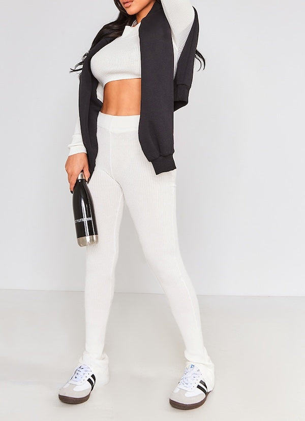 Petite Oatmeal Ribbed Split Hem Flare Trousers and  Oatmeal Long Sleeve Washed Crop Top Set