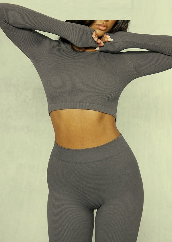 Charcoal Structured Contour Ribbed Round Neck Long Sleeve Crop Top & Charcol High Waisted Washed Leggings